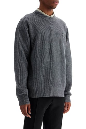 Gray Mélange Wool Sweater With Embroidered Fox Logo - Maison Kitsuné - Modalova