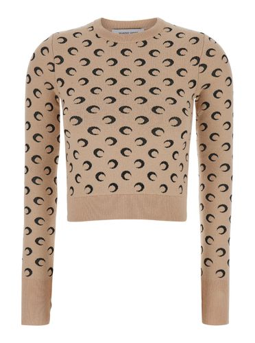 Crop Sweater With Crescent Moon Jacquard Motif In Wool Woman - Marine Serre - Modalova
