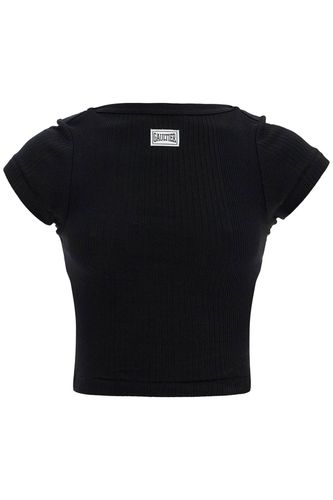 Black Cropped Cotton Ribbed T-shirt With Logo - Jean Paul Gaultier - Modalova