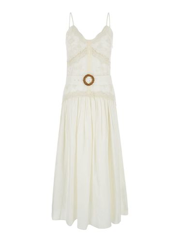 Long Cream Dress With Embroideries And Matching Belt In Cotton Woman - TwinSet - Modalova