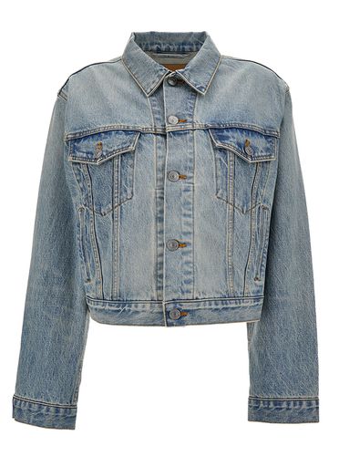 Light Blue Cropped Jacket With Logo Patch At The Back In Cotton Denim Woman - Balenciaga - Modalova