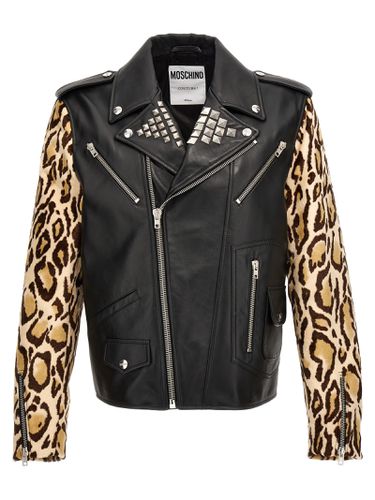 Animal-print Sleeves Leather Jacket - Moschino - Modalova