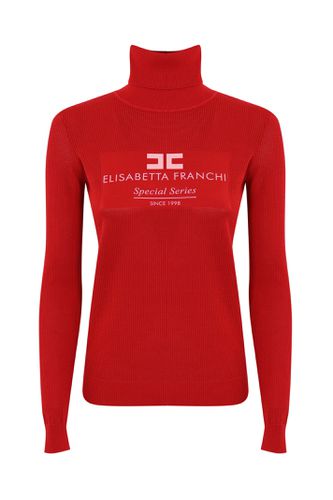 Turtleneck In Mesh Stitch Viscose Knit With Logo Inlay - Elisabetta Franchi - Modalova