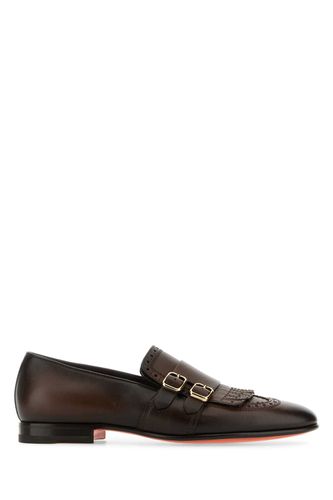 Dark Brown Leather Monk Strap Shoes - Santoni - Modalova