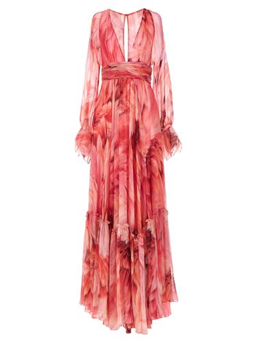 Long Dress With Plumage Print - Roberto Cavalli - Modalova