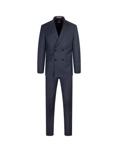 Slim Fit Double-breasted Suit In Dark Wool With Micro-motif - Hugo Boss - Modalova