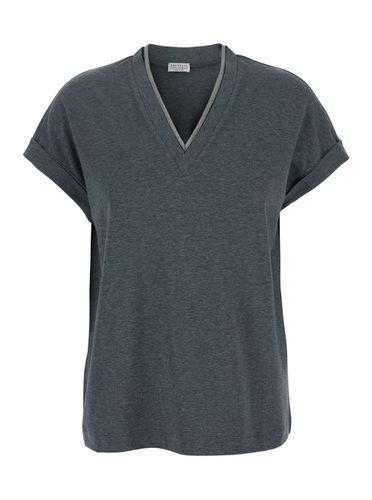 V Neck T-shirt With Monile Detail On The Neck In Cotton Woman - Brunello Cucinelli - Modalova