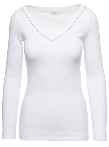 V-neck Pullover With Beads Detailing In Stretch Cotton - Brunello Cucinelli - Modalova