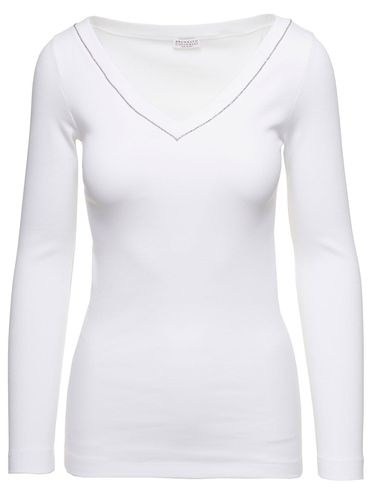 V-neck Pullover With Beads Detailing In Stretch Cotton Woman - Brunello Cucinelli - Modalova