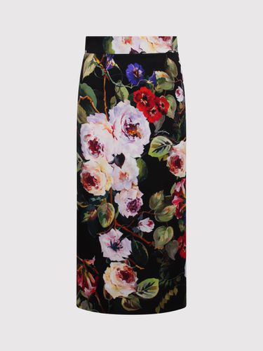 Silk Charmeuse Calf-length Skirt With Rose Garden Print: - Dolce & Gabbana - Modalova