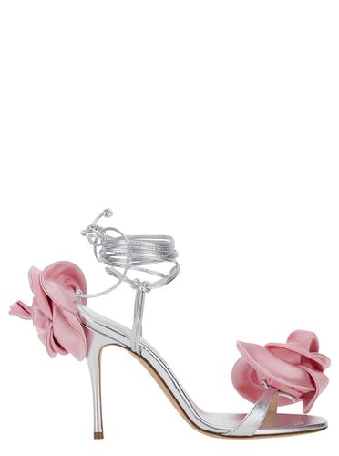 Silver Strappy Sandals With 3d Flower In Silk Blend Woman - Magda Butrym - Modalova