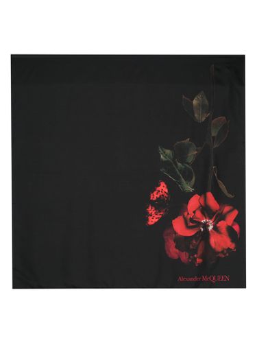 Silk Scarf With Red Rose Print - Alexander McQueen - Modalova