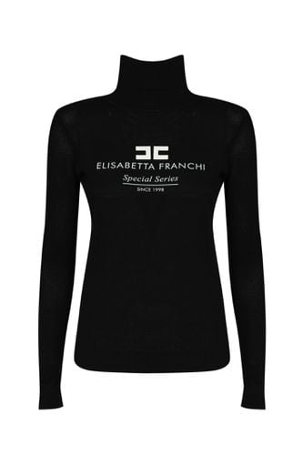 Turtleneck In Mesh Stitch Viscose Knit With Logo Inlay - Elisabetta Franchi - Modalova