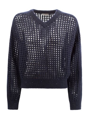 Long-sleeved V-neck Sweater With Mesh Workmanship In Soft Wool And Cashmere Yarn - Brunello Cucinelli - Modalova