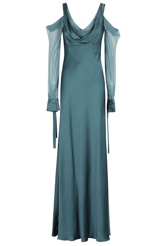Long Blue Dress With Draped Neckline In Satin Woman - Alberta Ferretti - Modalova