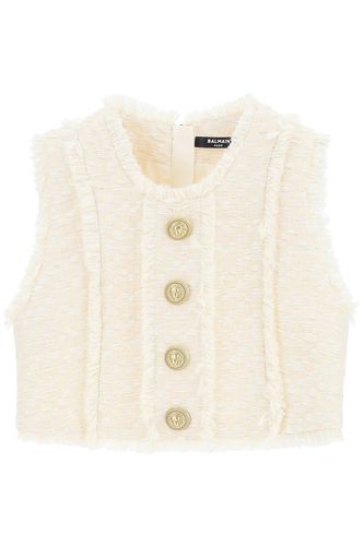 Tweed Crop Top With Embossed Buttons - Balmain - Modalova