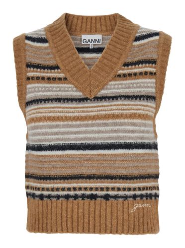 Knit Vest With Stripe Motif In Wool Woman - Ganni - Modalova