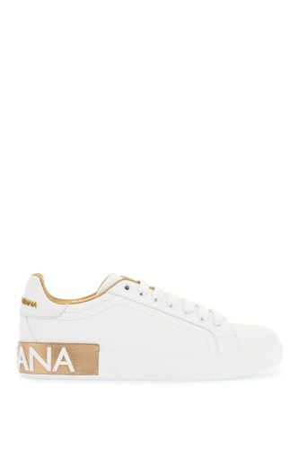 White Calfskin Low-top Sneakers With Gold Details And Velcro Closure - Dolce & Gabbana - Modalova