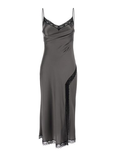 Midi Dark Grey Dress With Lace Inserts And Spaghetti Straps In Satin Woman - Alberta Ferretti - Modalova