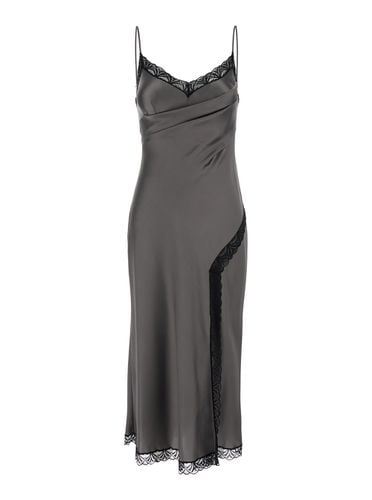 Midi Dark Dress With Lace Inserts And Spaghetti Straps In Satin Woman - Alberta Ferretti - Modalova