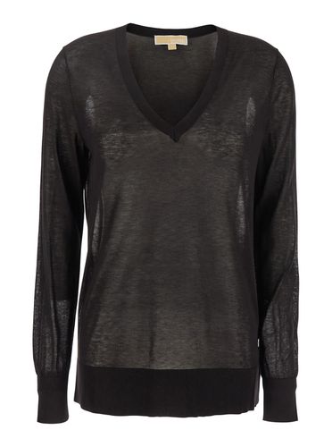 T-shirt With V Neck And Ribbed Trims In Cotton And Silk Blend Woman - Michael Kors - Modalova