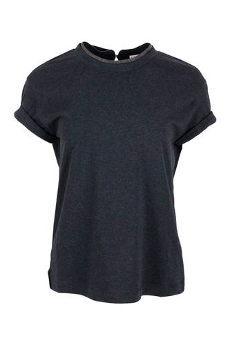 Short-sleeved T-shirt In Elasticized Stretch Cotton With A Crew Neck Edged With Jewels - Brunello Cucinelli - Modalova