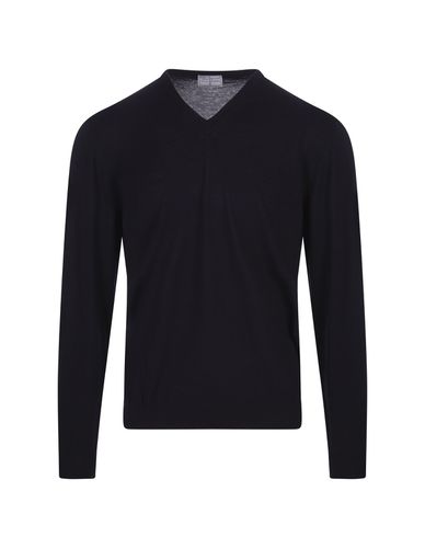 Navy Wool V-neck Pullover - Fedeli - Modalova