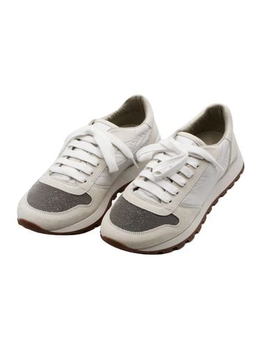 Sneaker Runner Shoe In Suede And Taffeta Embellished With Threads Of Brilliant Monili On The Toe. Closure With Laces - Brunello Cucinelli - Modalova