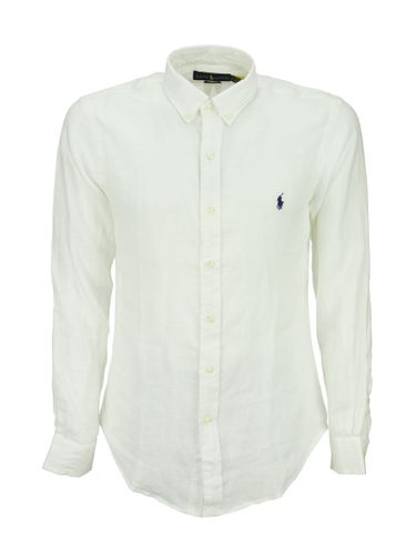 White Slim Fit Linen Shirt With Blue Pony - Polo Ralph Lauren - Modalova