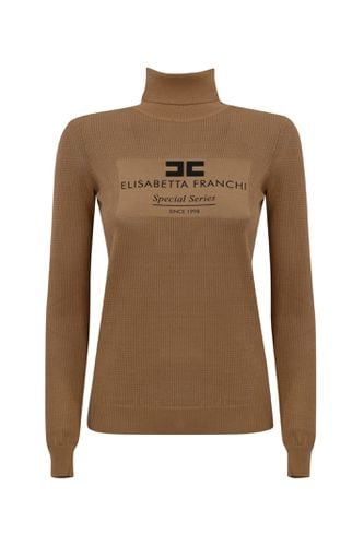 Turtleneck In Mesh Stitch Viscose Knit With Logo Inlay - Elisabetta Franchi - Modalova