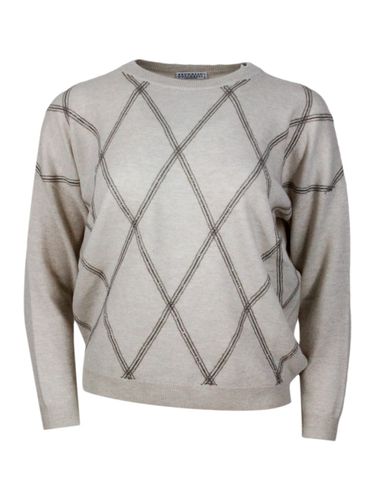 Long-sleeved Crewneck Sweater In Fine Wool, Cashmere And Silk With Diamond Pattern Exclusive Details In Rows Of Brilliant Monili On The Diamonds - Brunello Cucinelli - Modalova