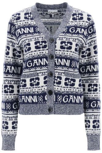 Jacquard Wool Cardigan With Logo Pattern - Ganni - Modalova