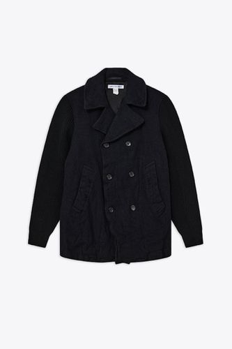 Mens Coat Woven Navy felted wool double-breasted short coat with ribbed knit sleeves - Comme des Garçons Shirt - Modalova