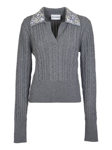 Crystal Embellished Collar Cable-knit Polo Sweater - Des Phemmes - Modalova