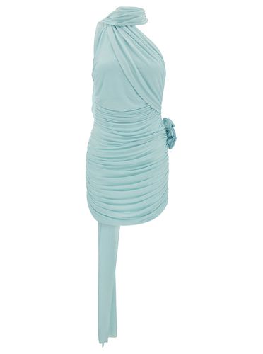 Light Blue Draped Mini Dress With Roses Applications In Stretch Cupro Wpman - Magda Butrym - Modalova