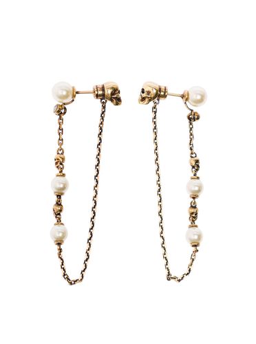 Antique Gold-finished Drop Chain Earring With Skulls And Pearls In Brass Woman - Alexander McQueen - Modalova