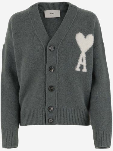 Wool Blend Cardigan With Logo - Ami Alexandre Mattiussi - Modalova