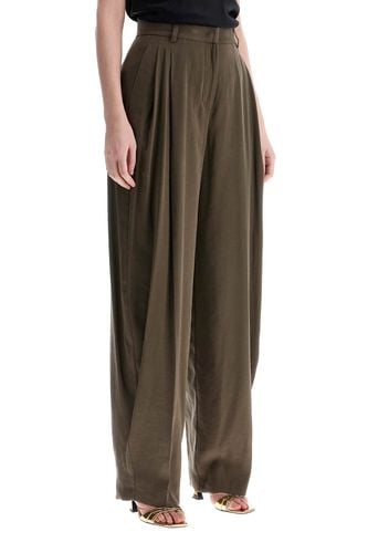 Khaki Wide Leg Viscose Trousers With Front Pleats - The Andamane - Modalova