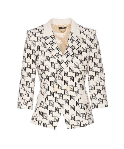 Double Breast Jacket Logo Print And Plaque - Elisabetta Franchi - Modalova