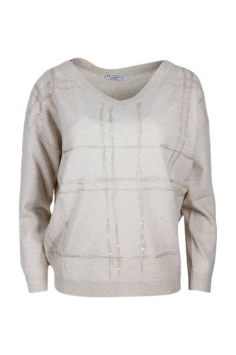 V-neck Long-sleeved Oversized Sweater With Window Motif Embellished With Micro-sequins - Brunello Cucinelli - Modalova