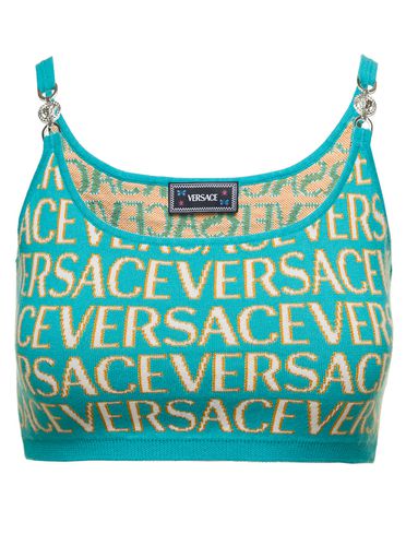 Light Crop Top With All-over Logo Lettering And Medusa Detail In Cotton Blend Woman - Versace - Modalova