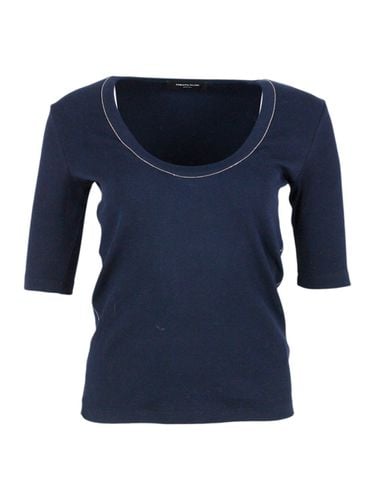 Ribbed Cotton T-shirt With U-neck, Elbow-length Sleeves Embellished With Rows Of Monili On The Neck And Sides - Fabiana Filippi - Modalova