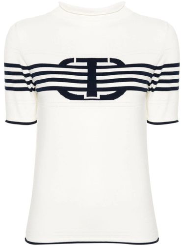 Short Sleeves High Neck Striped Sweater With Logo - TwinSet - Modalova