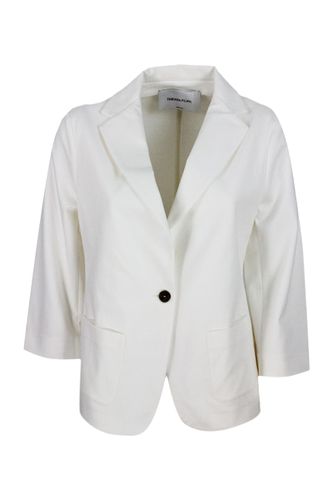Single-breasted Blazer Jacket In Stretch Cotton Jersey With Three-quarter Sleeves Embellished With Sparkling Monili On The Neck - Fabiana Filippi - Modalova