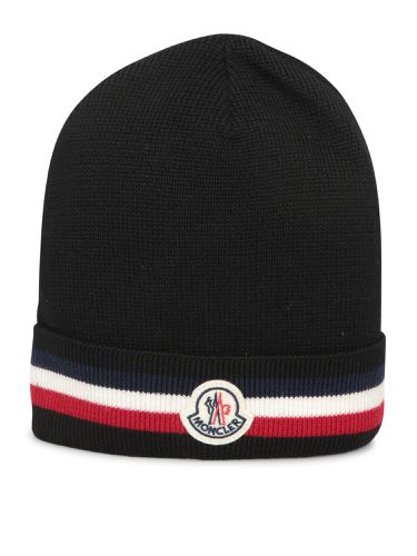 Moncler Stripe Logo Patch Beanie - Moncler - Modalova