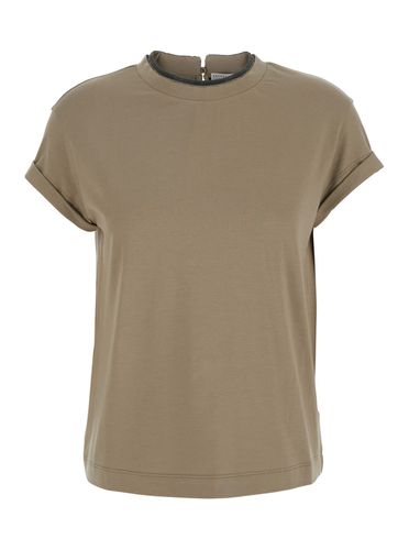 Beige Crewneck T-shirt With Monile Detail On The Neck In Cotton Blend Woman - Brunello Cucinelli - Modalova