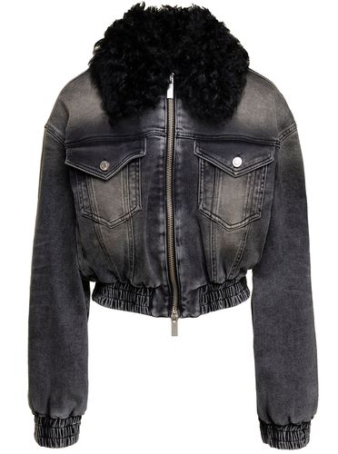 Black Jacket With Faux Fur Collar And Logo Embroidery In Stretch Cotton Denim Woman - Blumarine - Modalova