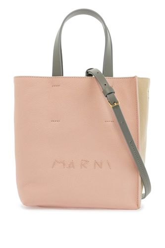 Pink And Beige Calfskin Shopping Bag With Gray Handles - Marni - Modalova