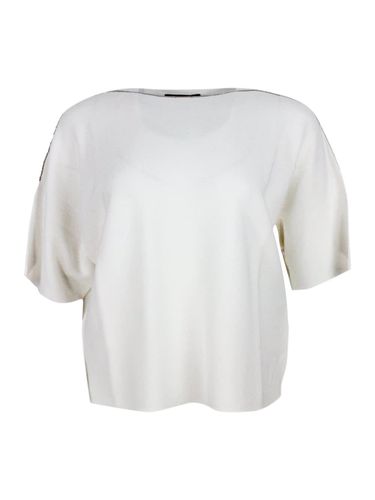Short-sleeved Cotton Shirt With Horizontal Workmanship With Boat Neckline Embellished With Rows Of Jewels On The Neck - Fabiana Filippi - Modalova