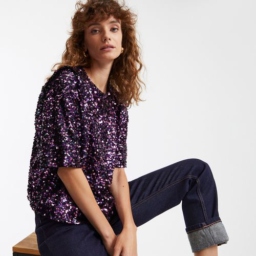 Blusa con paillettes girocollo, maniche corte - LA REDOUTE COLLECTIONS - Modalova